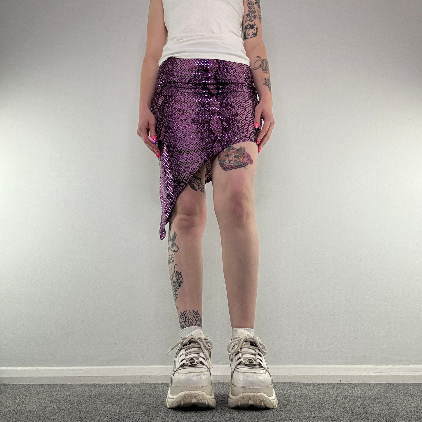 Y2K festival snake shimmer asymmetrical midi skirt