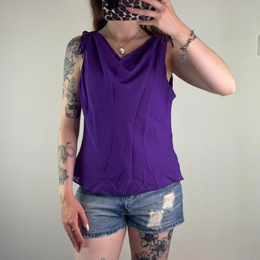 Y2K vintage cowl neck tank top ruched bow double layer sheer sleeveless