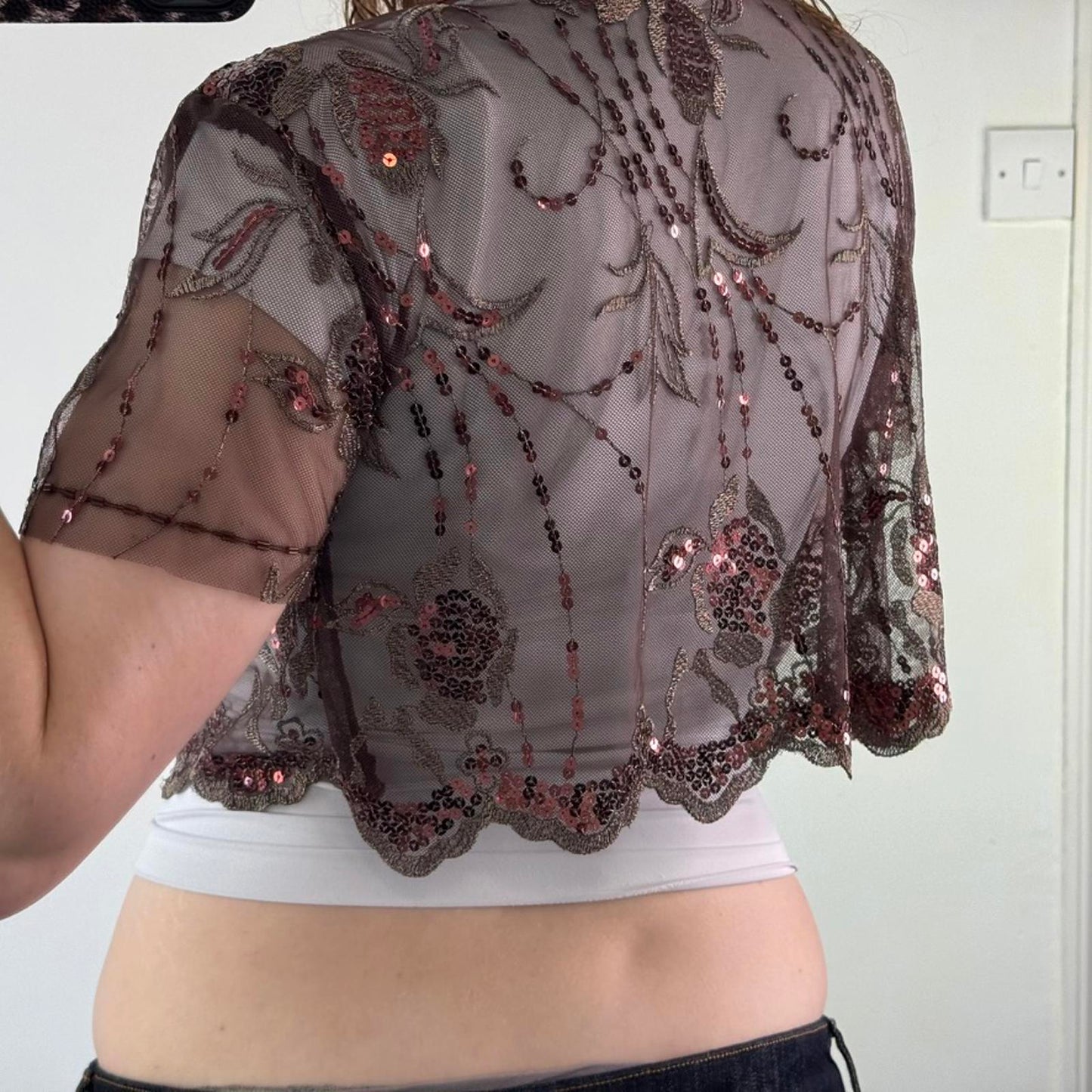 Y2K vintage mesh sequin cardigan short sleeve cropped open front scallop hem