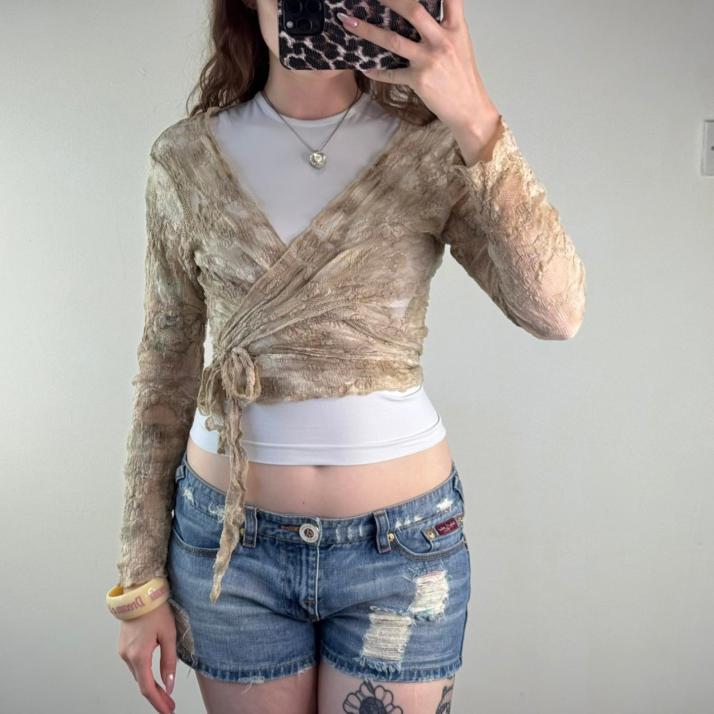 Y2K vintage wrap around cardigan sheer lace beige ombre tie bow adjustable