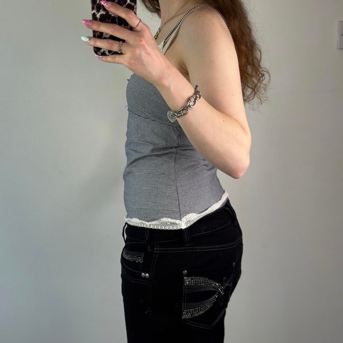 Y2K vintage stripe sparkly cami top lace trim pink bow bust navy white strappy