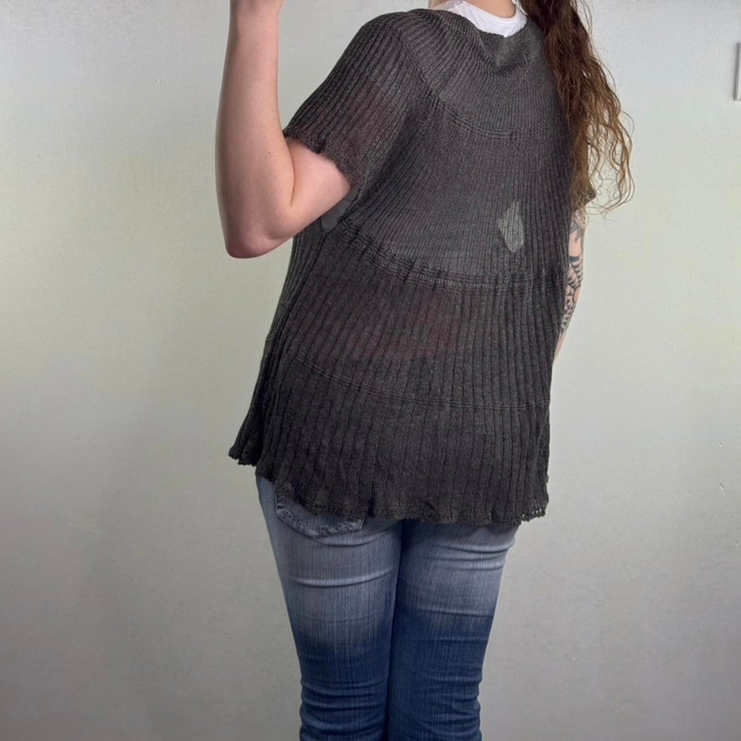 Y2K vintage linen blend fine knit short sleeve button up cardigan sheer