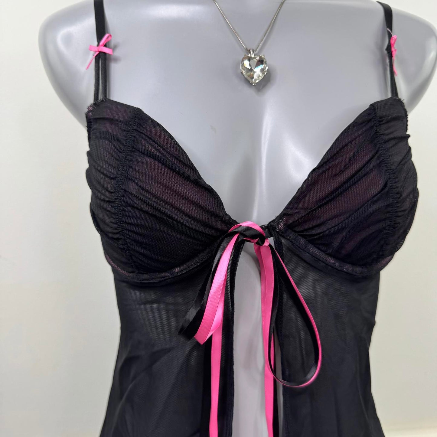 Y2K vintage mesh babydoll bow ruched underwire padded sheer pink black chemise