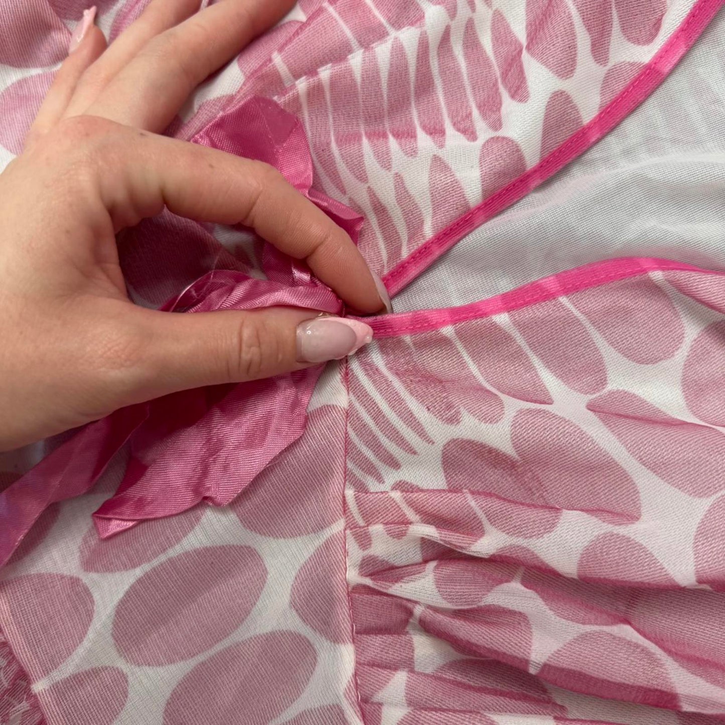 Vintage night dress polka dot frill mesh tiered bow pink white satin bow overlay