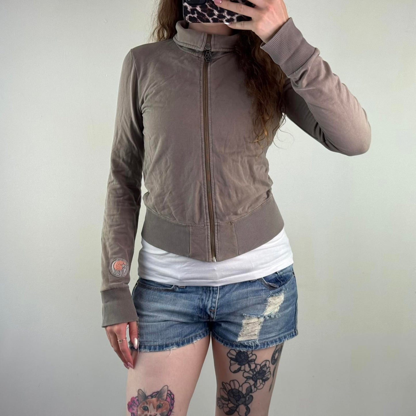 Y2K vintage Diesel zip up jumper light brown cropped elastic waistband cuffs