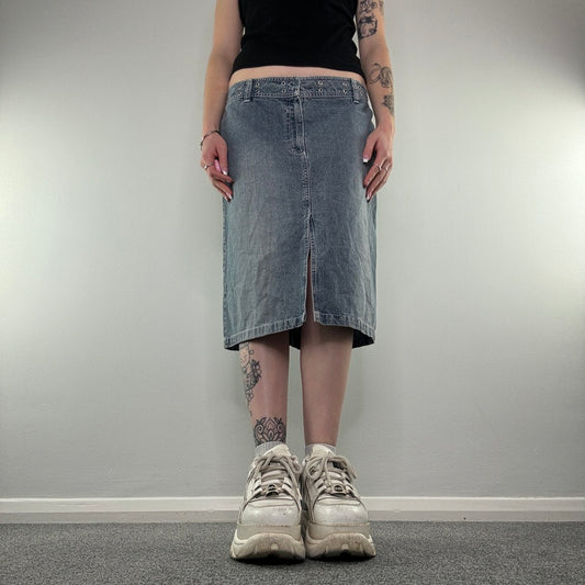 Y2K grommet denim midi skirt