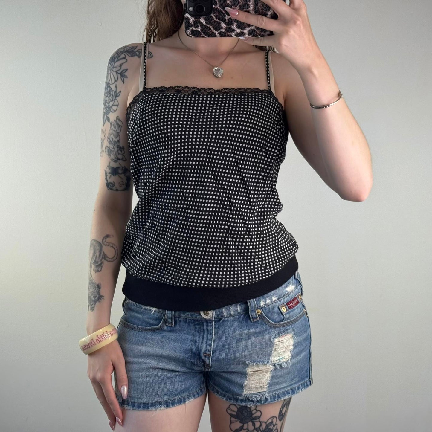 Y2K vintage 100% silk polka dot elastic waistband cami top lace trim black white
