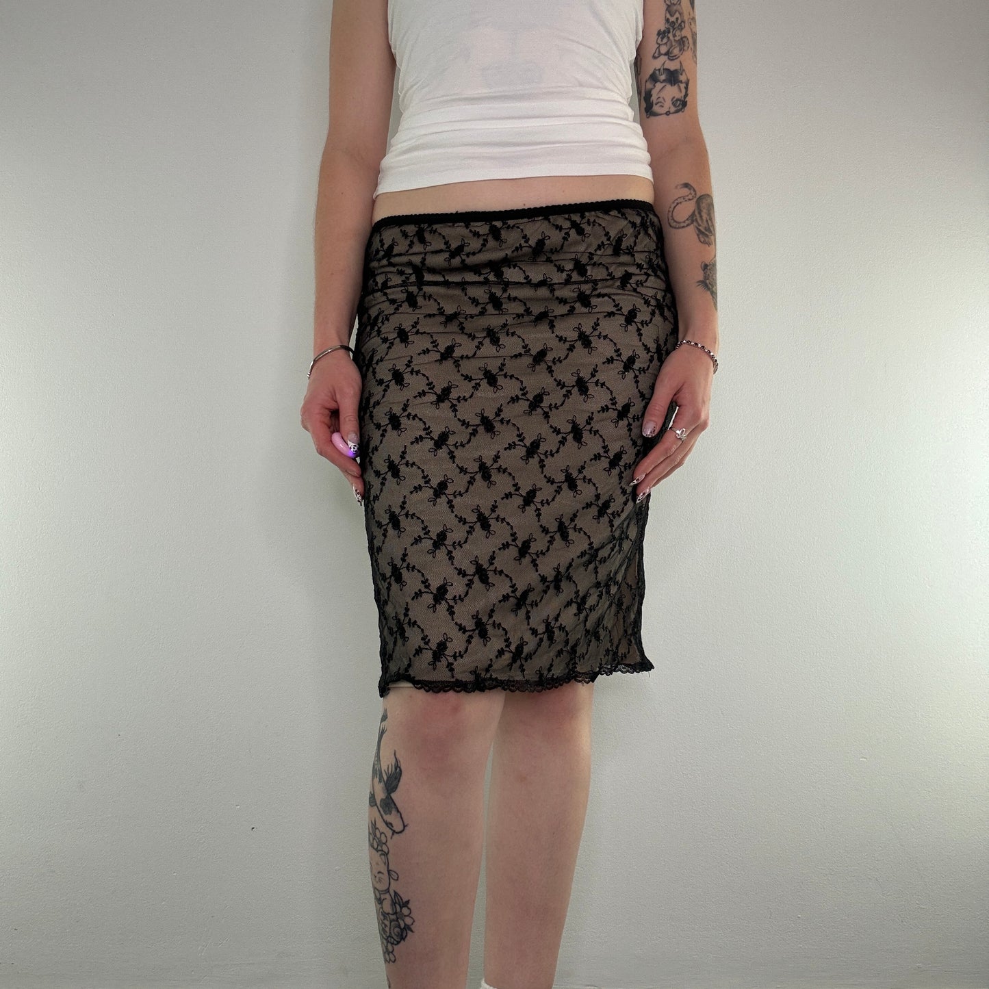 Y2K mesh overlay floral embroidered stretchy midi skirt