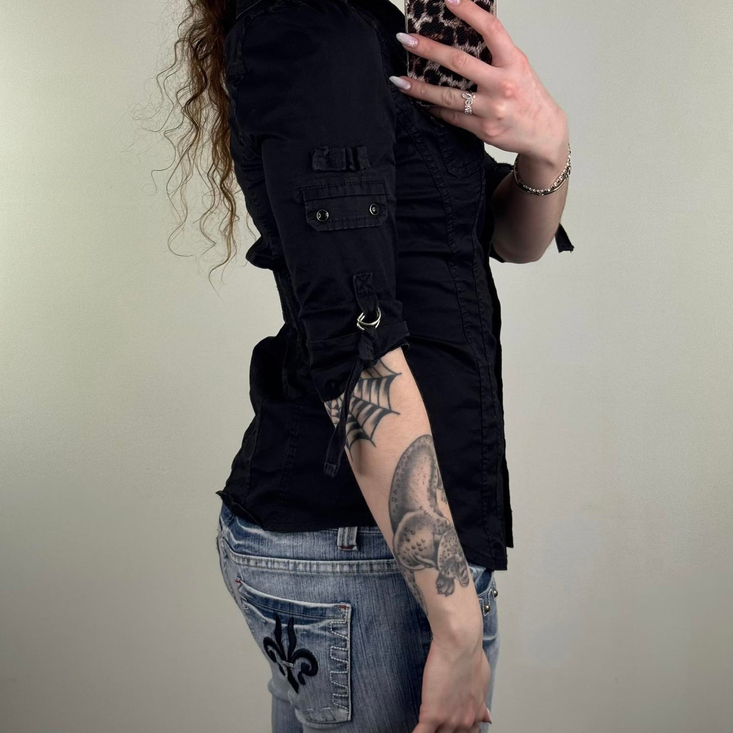 Vintage Jane Norman button up shirt 3/4 sleeve popper v neck fitted black buckle