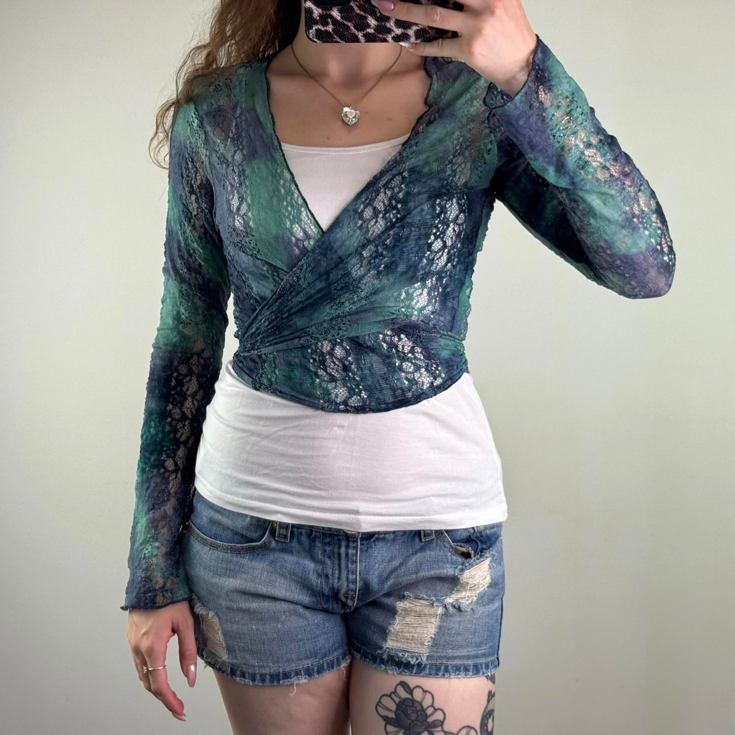 Y2K vintage wrap around cardigan sheer lace blue ombre tie bow adjustable