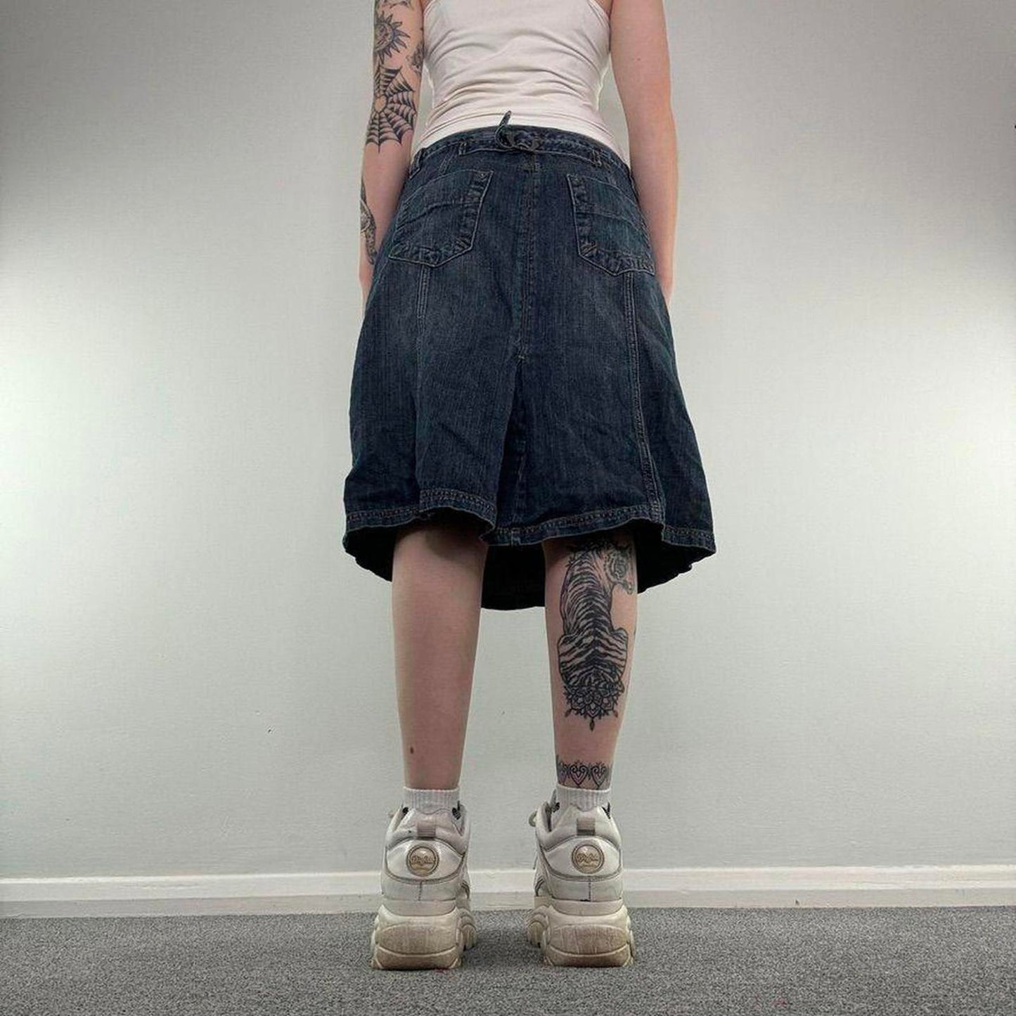 Y2K vintage cargo midi skirt a line buckle dark blue wash utility knee length