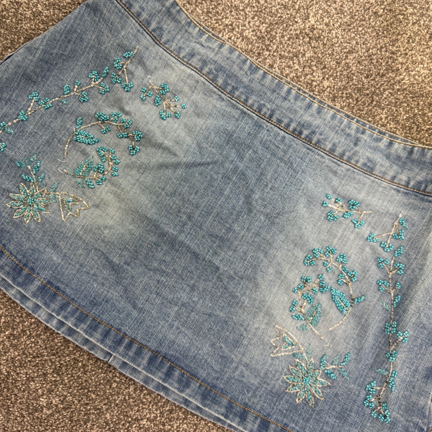 Y2K vintage low rise denim mini skirt floral beaded faded denim a line