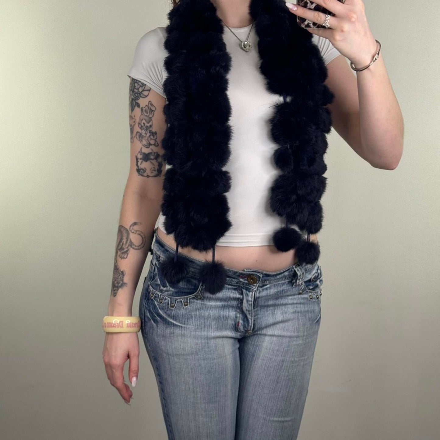 Y2K vintage genuine real fur scarf pom poms navy