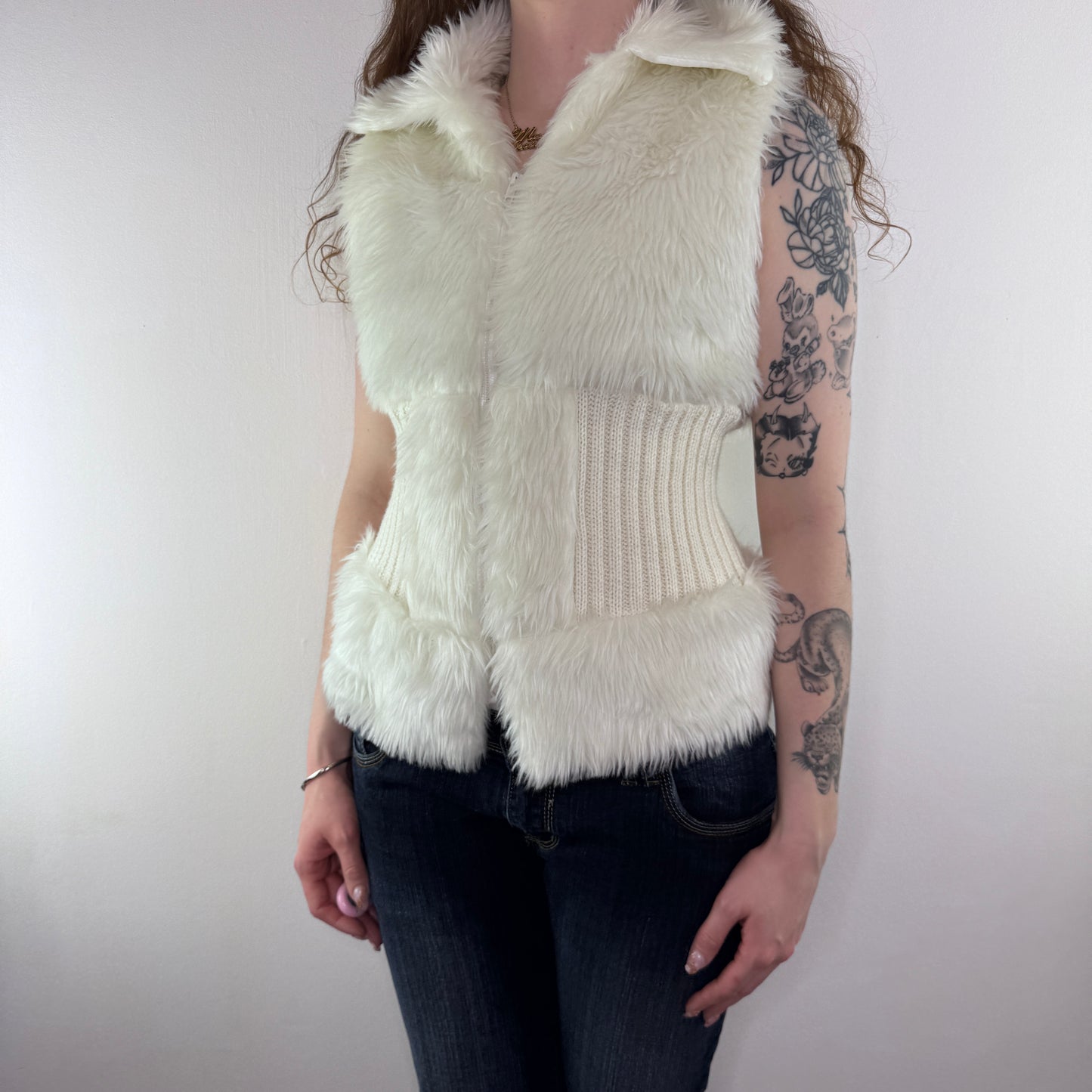 Y2K vintage faux fur sleeveless jacket zip up knit
