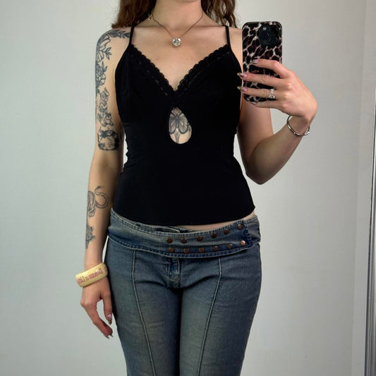 Y2K vintage slinky keyhole cut out cami top stretchy fitted racerback lace trim