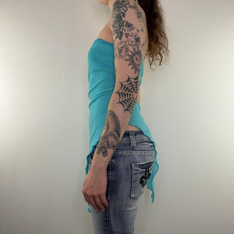 Y2K vintage strapless top asymmetrical mesh ruched ruffle lettuce hem