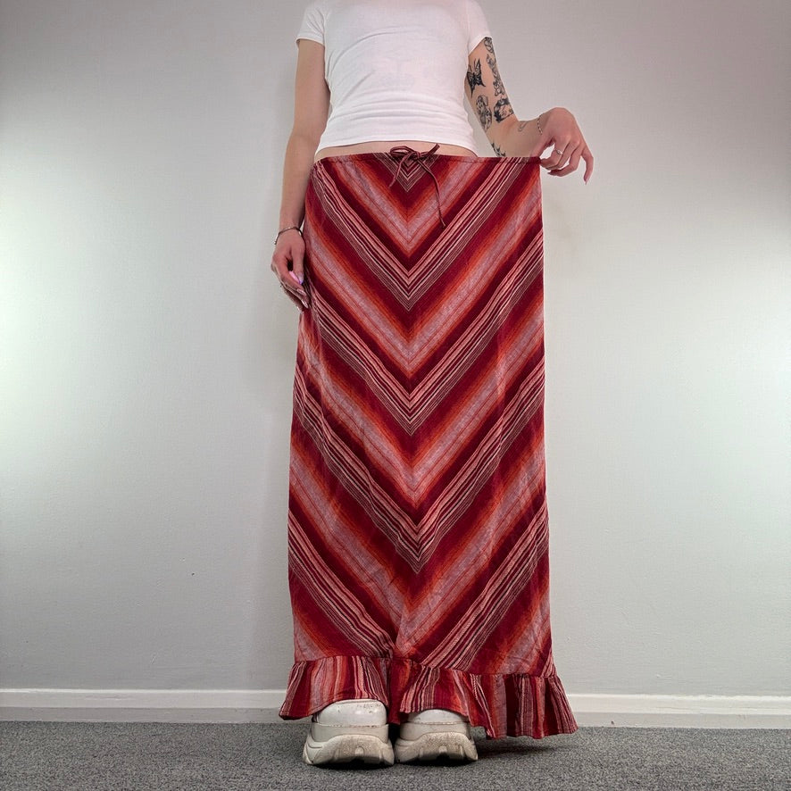 Y2K boho stripy bow chevron maxi skirt frilly hem