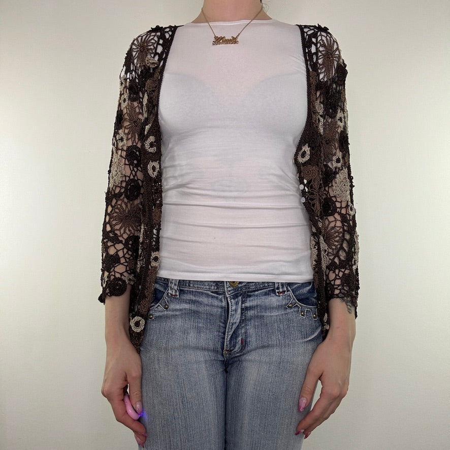 Y2K vintage crochet floral cardigan v neck boho fairy