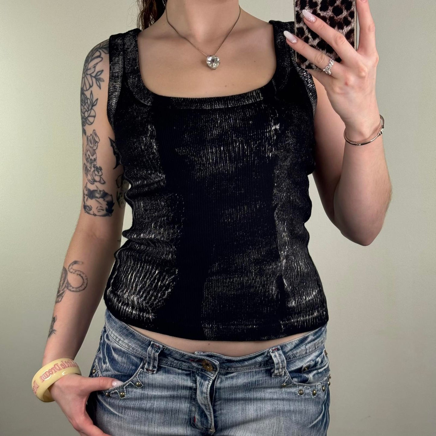 Y2K vintage Bay tank top ribbed silver distressed paint print black archive