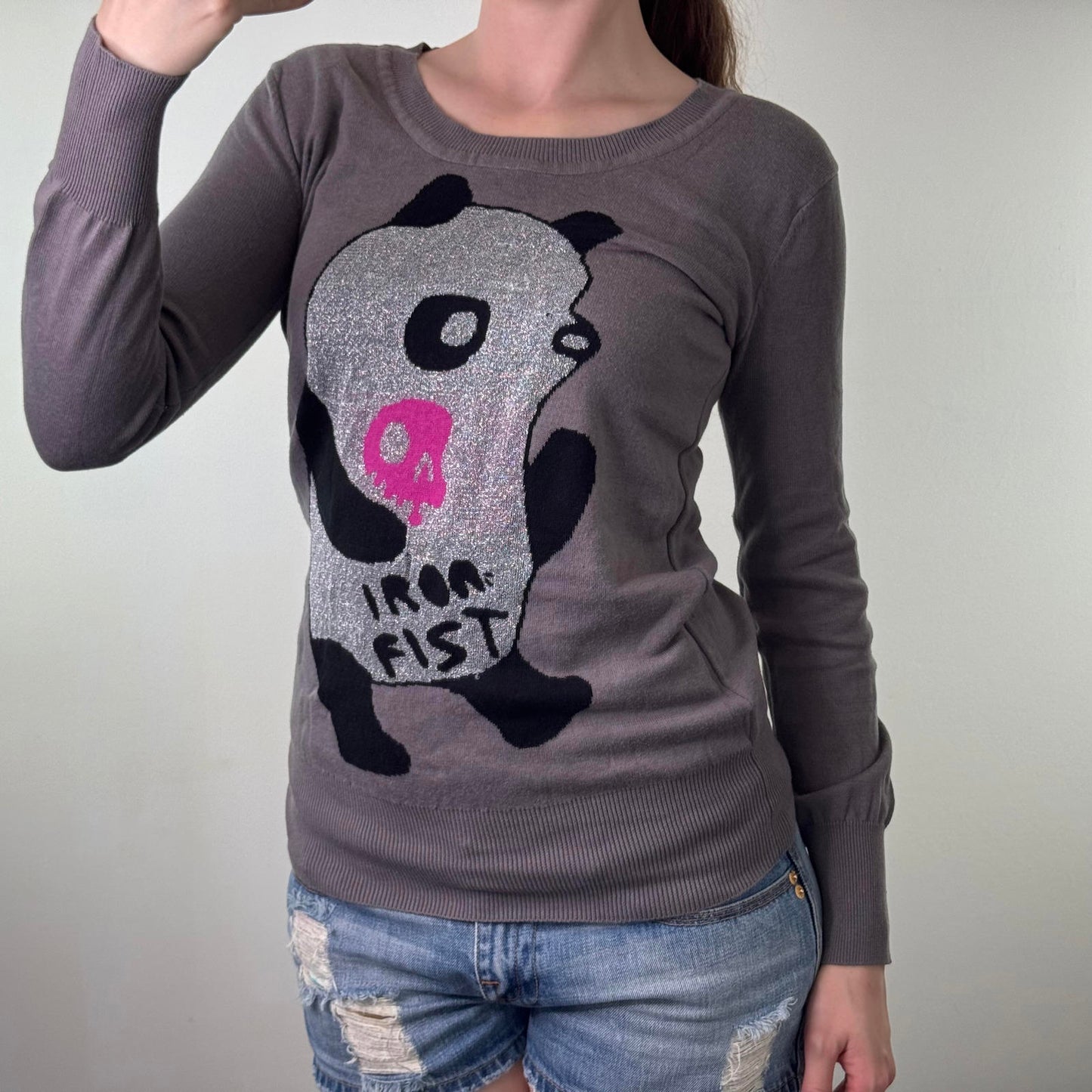 Y2K vintage Iron Fist panda fine knit jumper sparkly graphic print cute