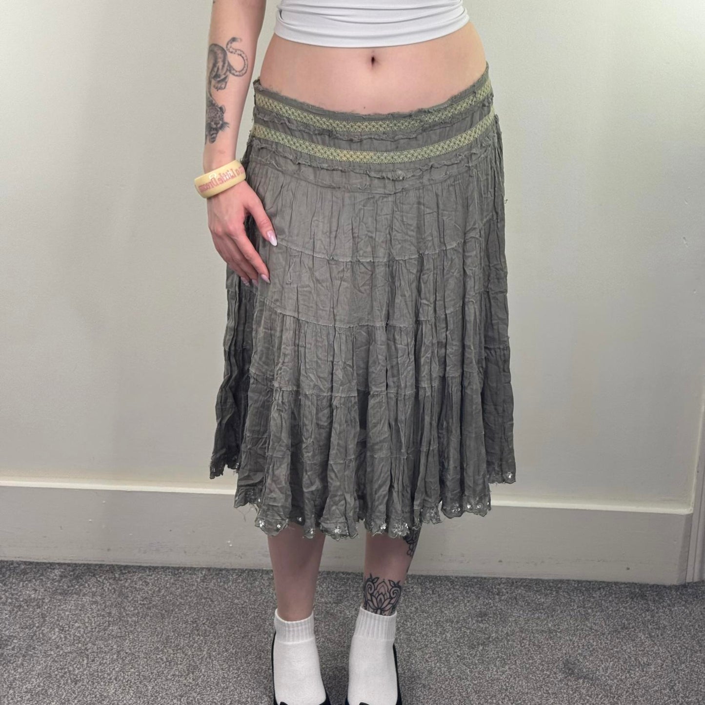 Y2K vintage River Island midi skirt a line tiered sequin embellished trim boho