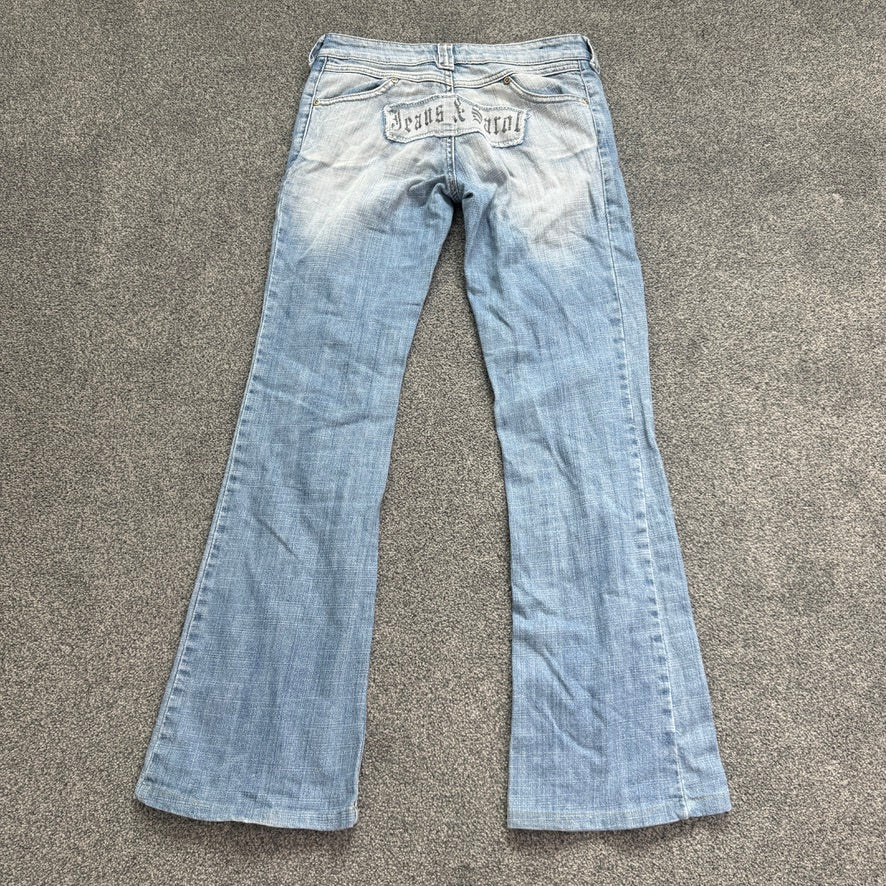 Y2K vintage low rise distressed slogan faded denim bootcut jeans