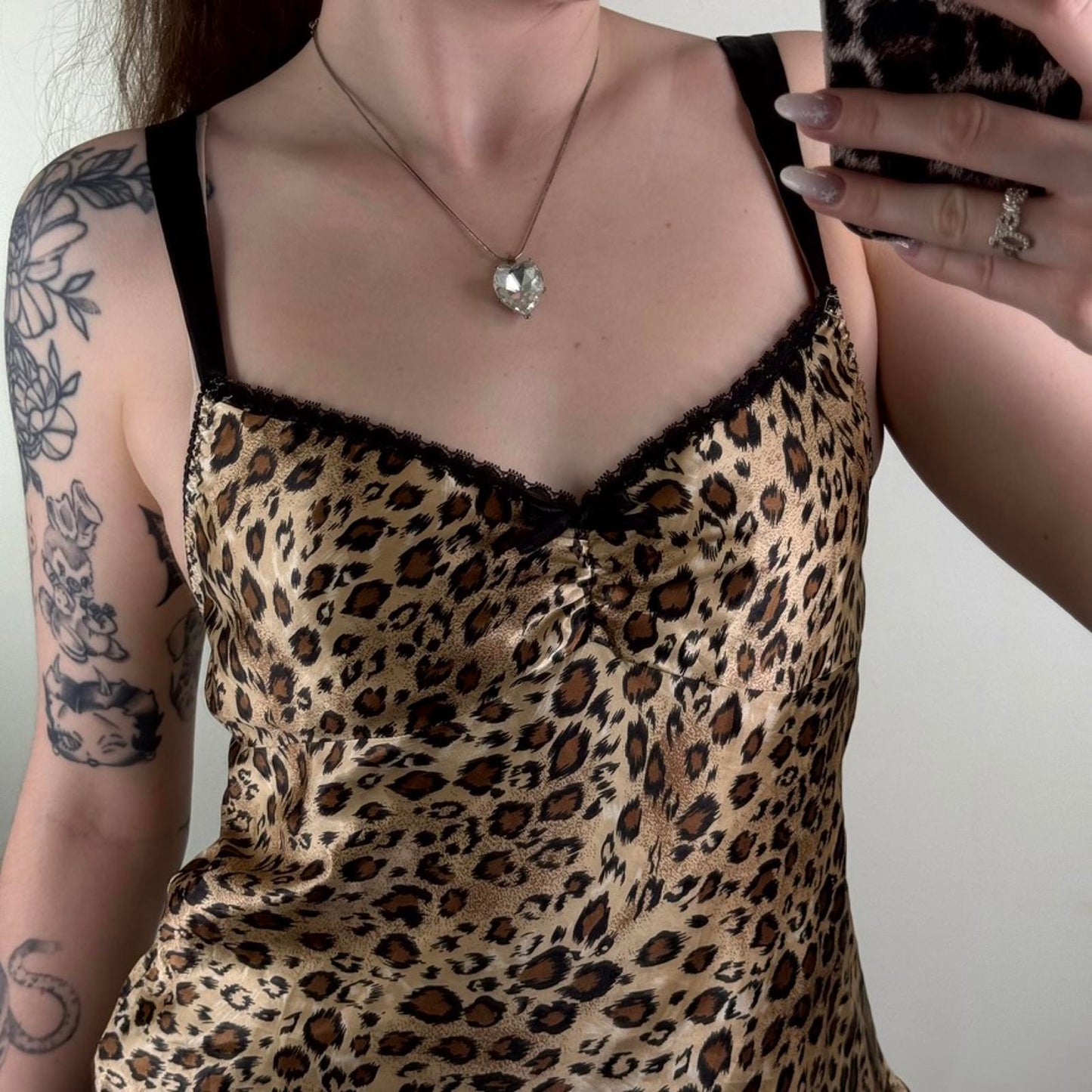 Y2K vintage cami top leopard print satin bow ruffle hem lace trim