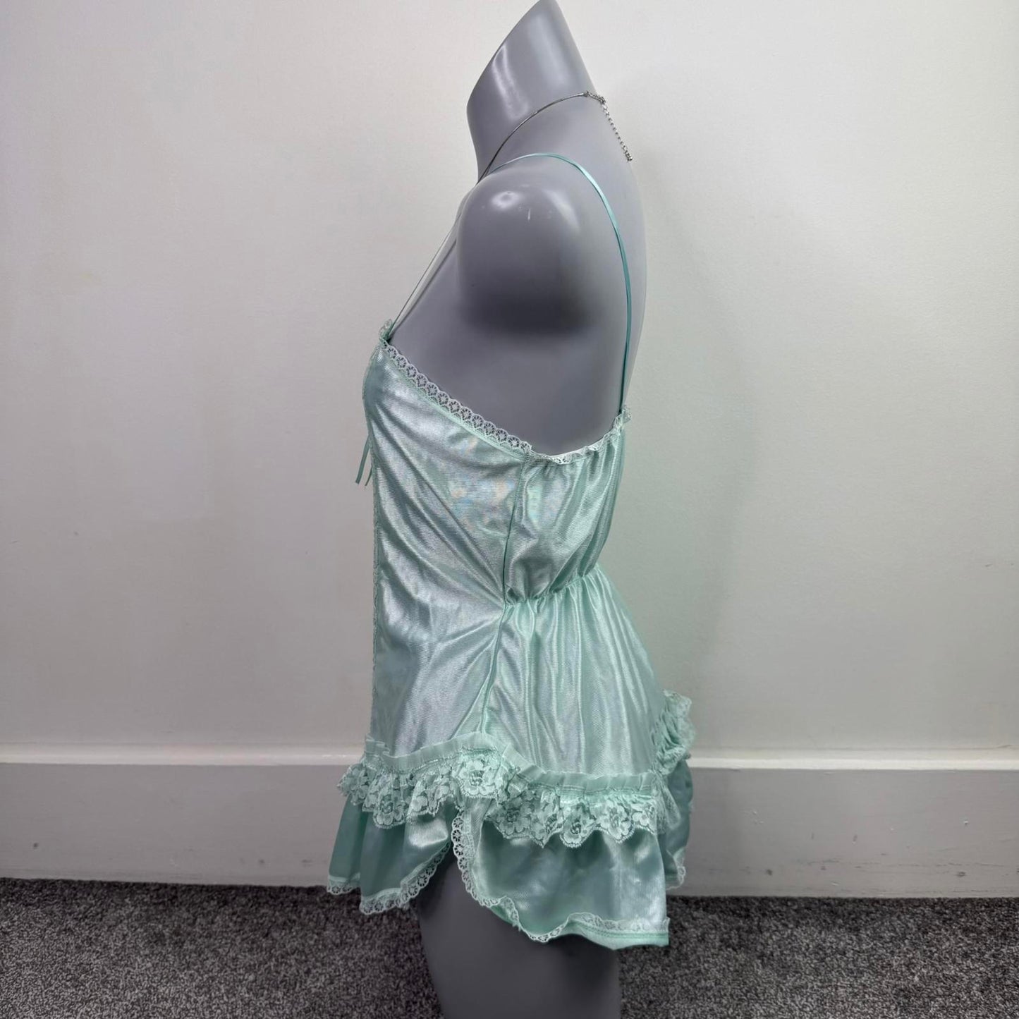 Y2K vintage lingerie nylon lace sheer frilly babydoll style top bow cami sheer