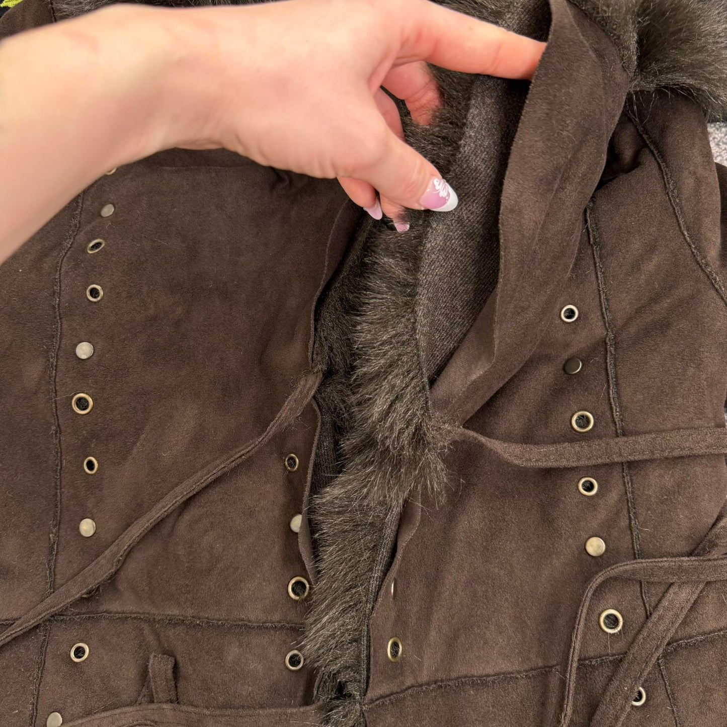 Y2K vintage faux fur coat long trench afghan full length studded grommet brown