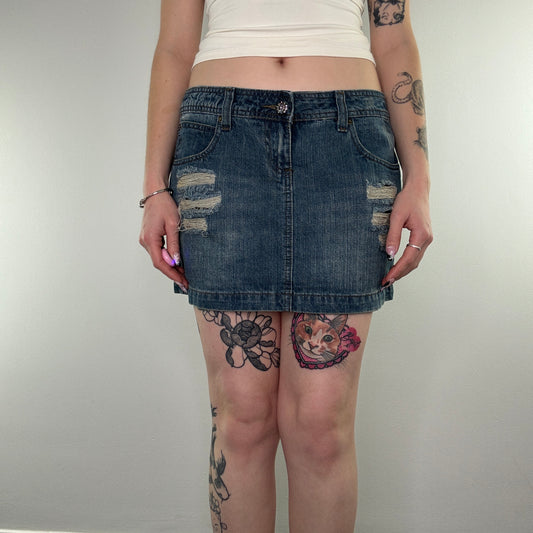 Y2K low rise ripped lace denim mini skirt