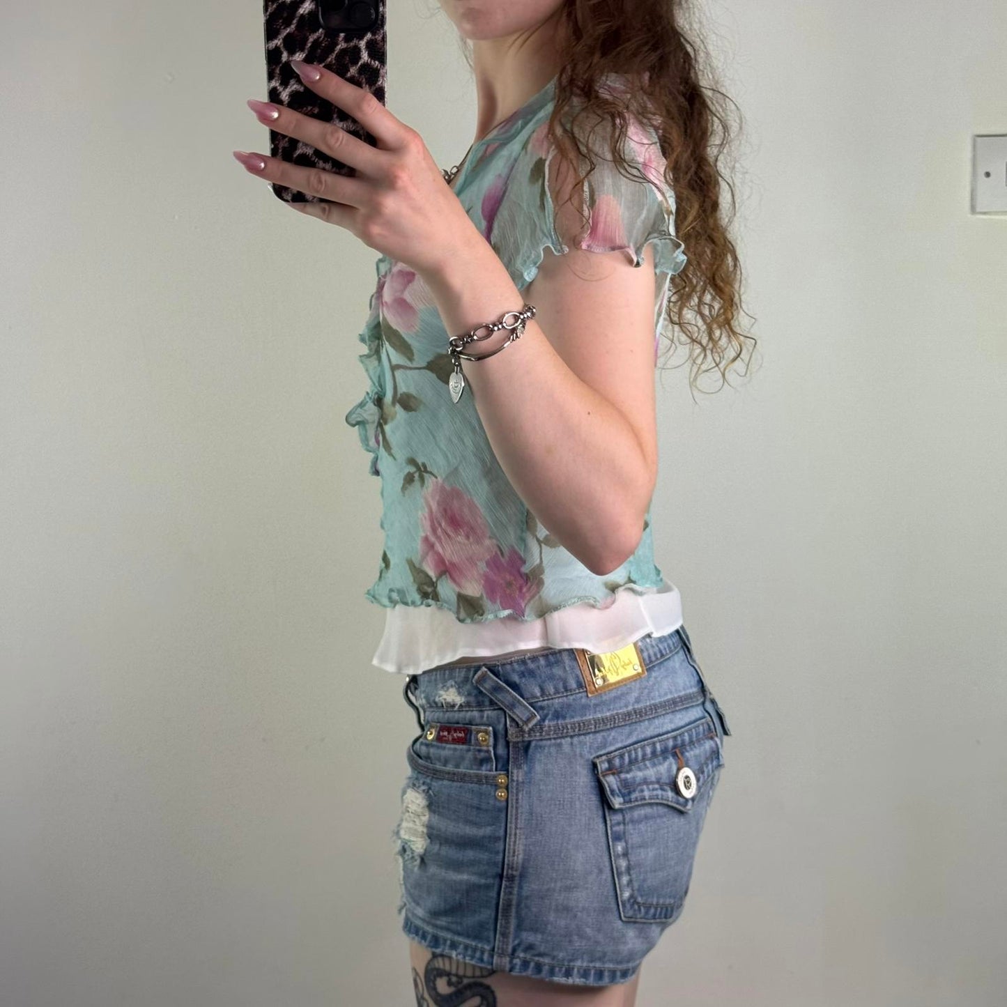 Y2K vintage 100% silk double layered blouse short sleeve blue pink floral rose