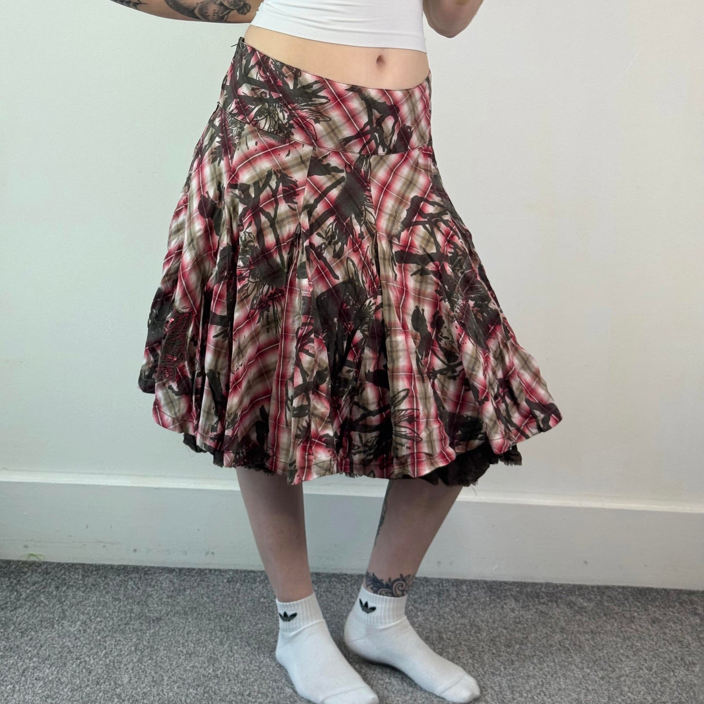 Y2K vintage O'Neill tartan floral midi skirt sequin brown red white a line XL