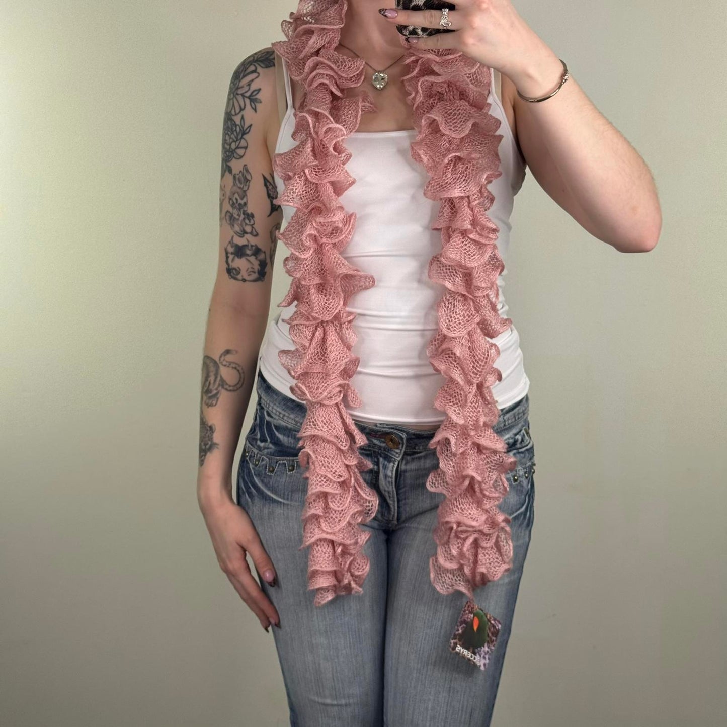 Y2K vintage knitted scarf ruffle baby pink layered