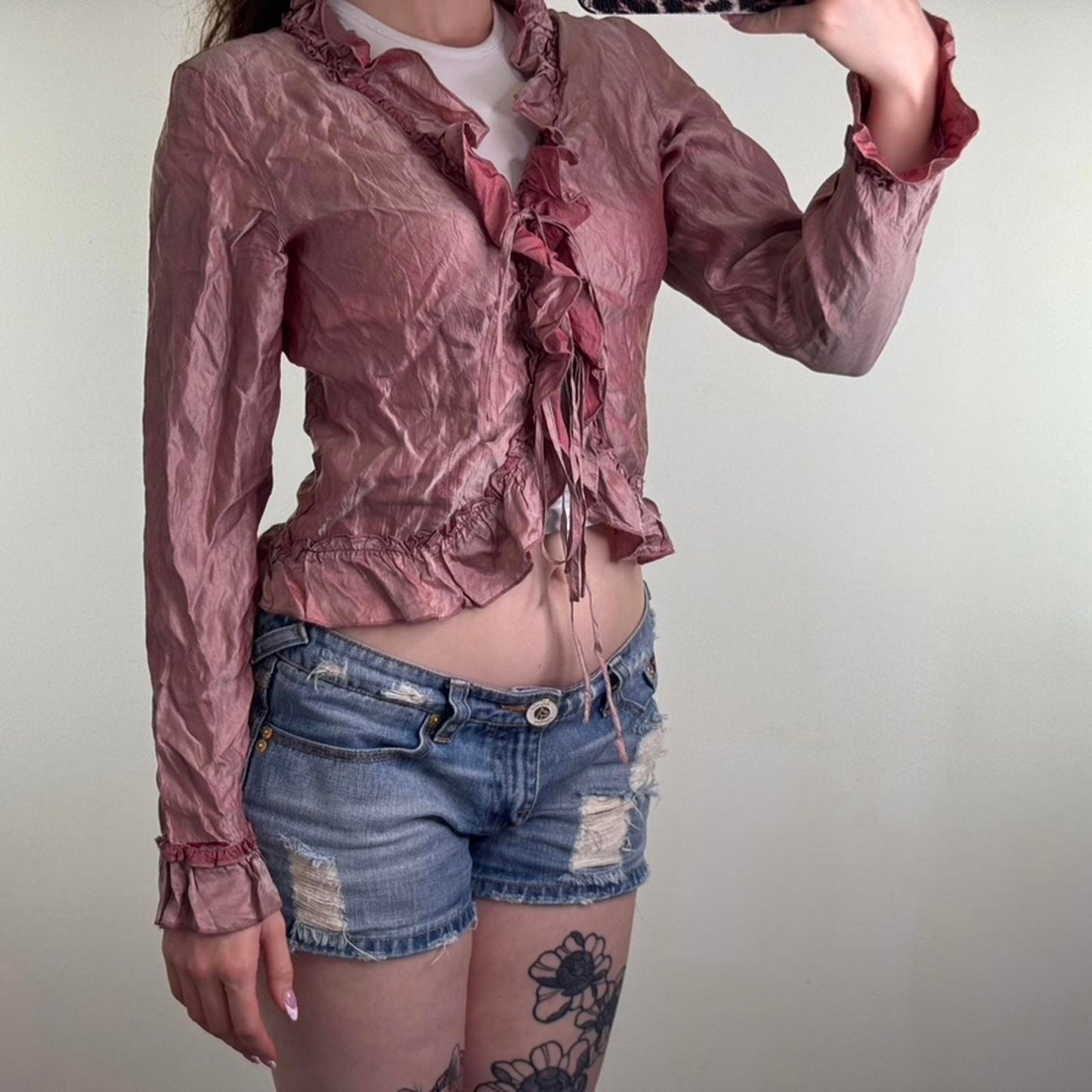 Y2K vintage lightweight jacket frill button up bow ruffle v neck