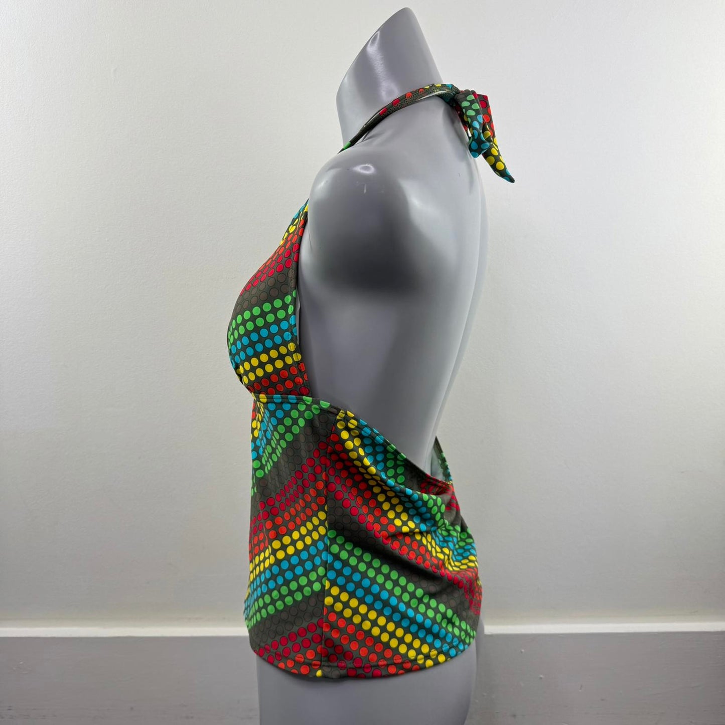 Y2K vintage polka dot halter neck swimwear top v neck padded cups multi rainbow