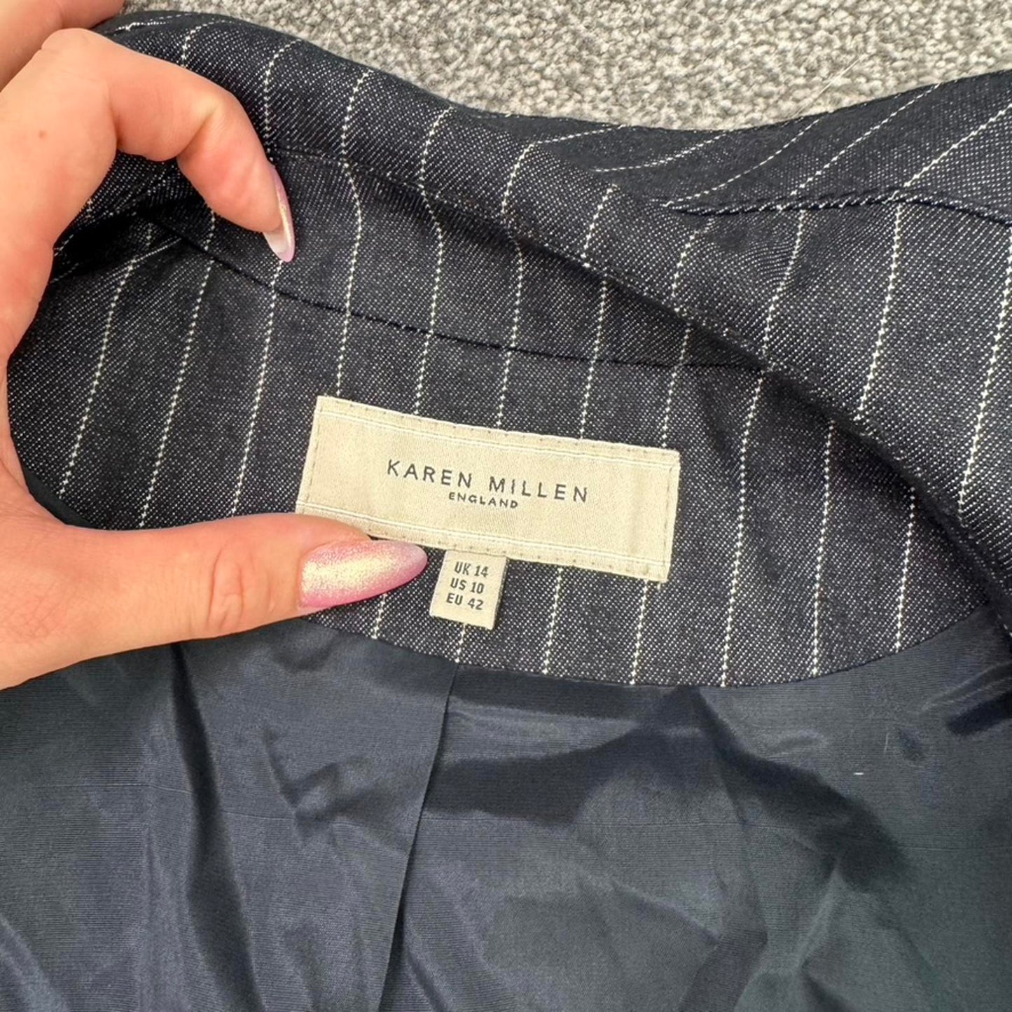 Y2K vintage Karen Millen navy denim pinstripe button up blazer jacket belt