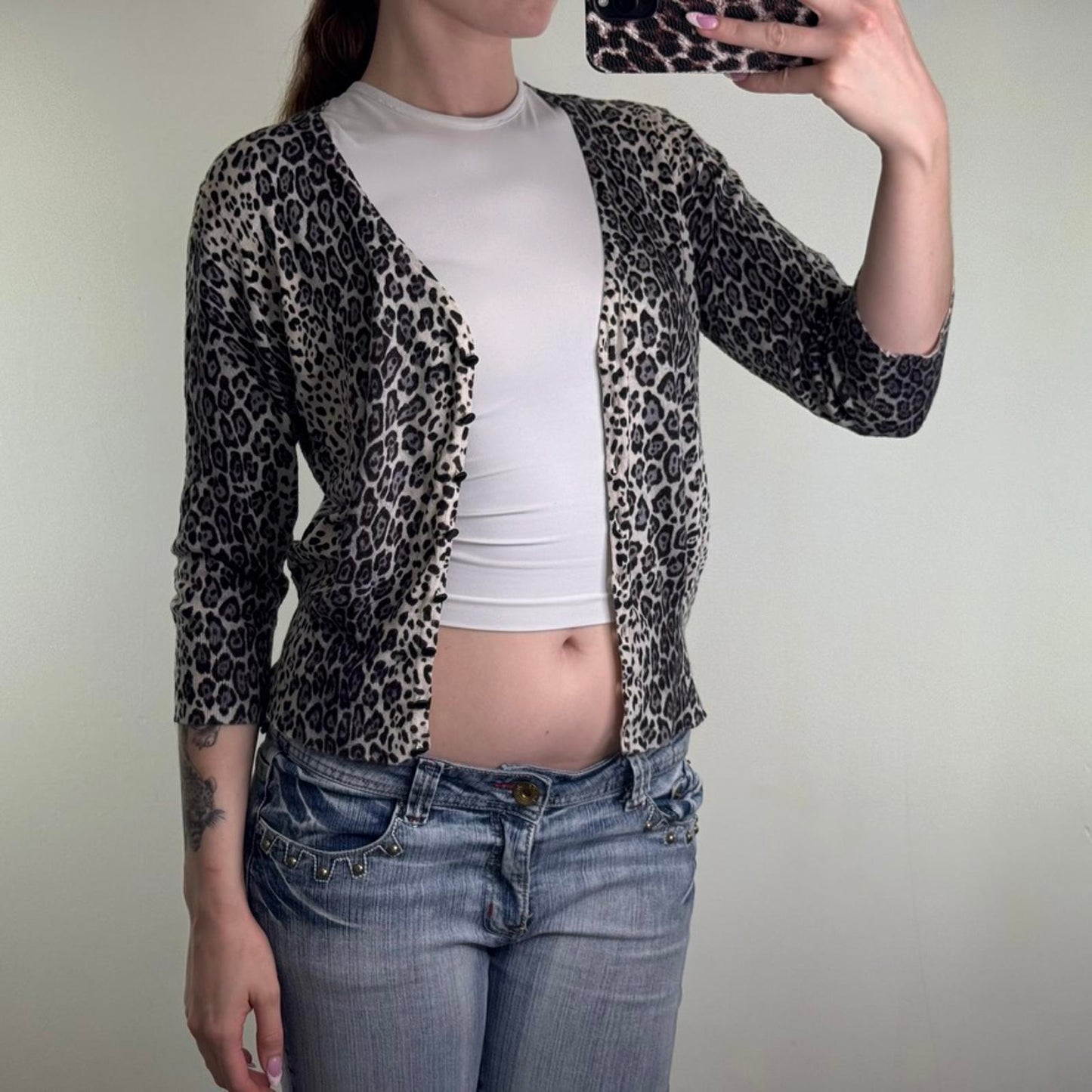 Y2K vintage leopard print fine knit button up cardigan grey black