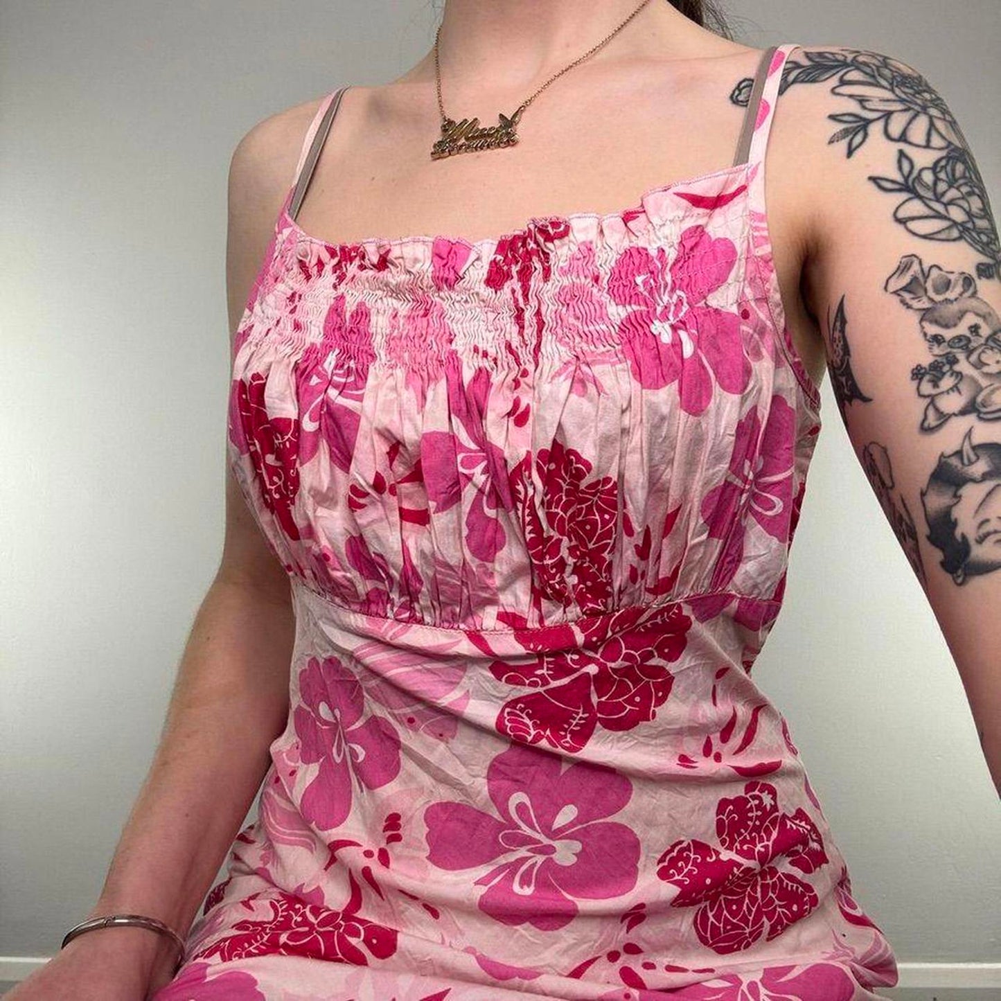 Y2K vintage floral hibiscus ruched bust midi dress summer strappy pink