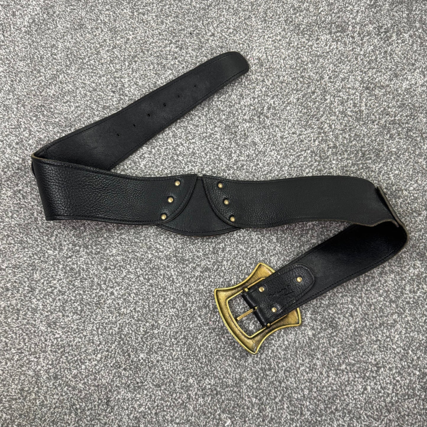 Y2K vintage genuine leather chunky belt square buckle black gold studded