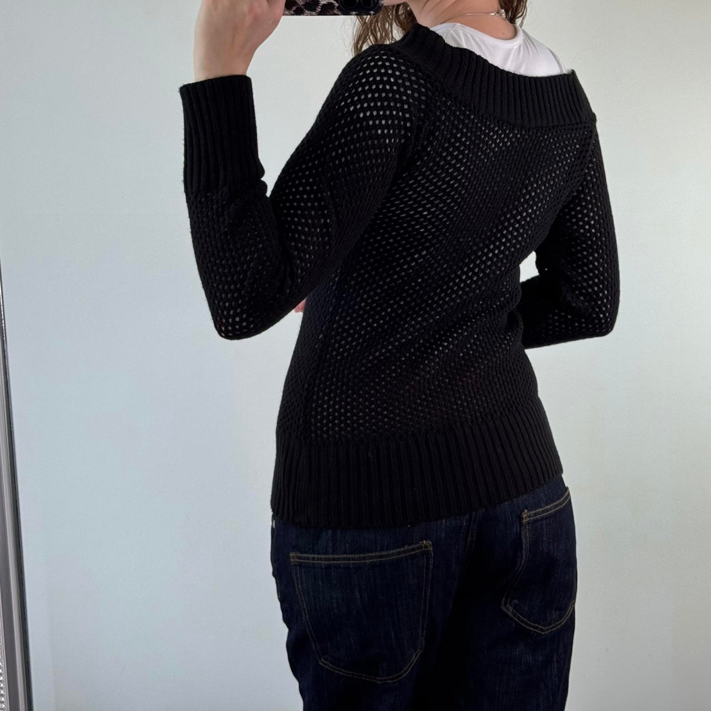Y2K vintage perforated knitted sheer jumper open neck black