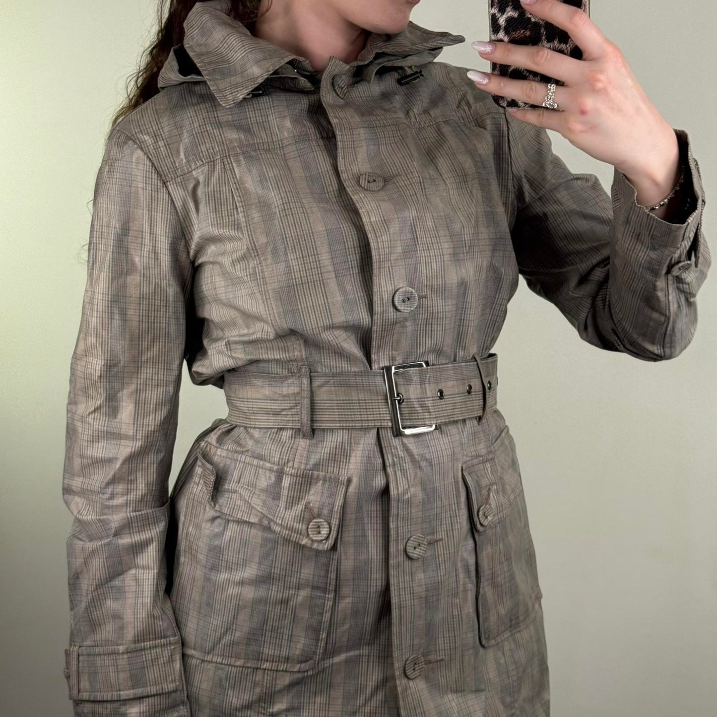 Y2K vintage Koan tartan trench jacket coat lightweight with belt/ hood archive