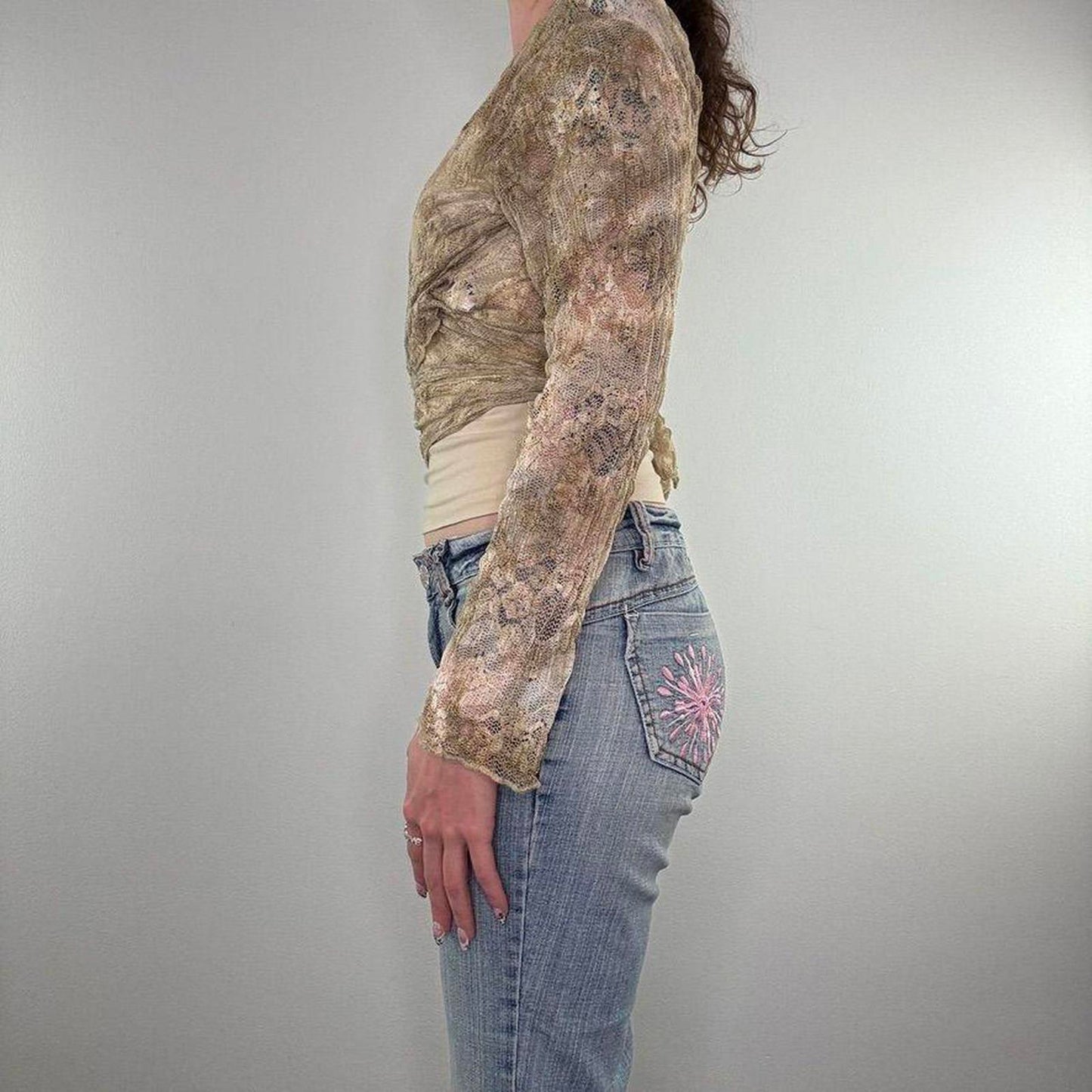 Y2K vintage ombre wraparound lace floral cardigan long sleeve v neck tie bow