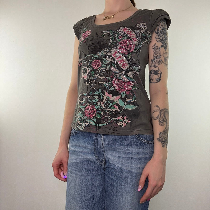 Y2K vintage grey tattoo rose studded top t shirt