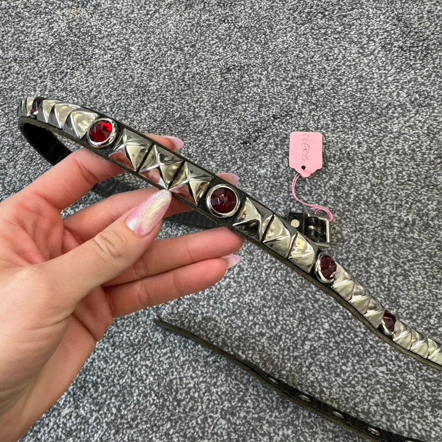 90s Y2K vintage genuine leather studded red gem rhinestone thin skinny belt