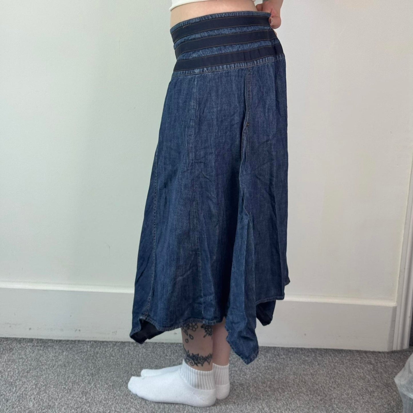 Y2K vintage denim asymmetrical maxi skirt a line floaty contrast stitching