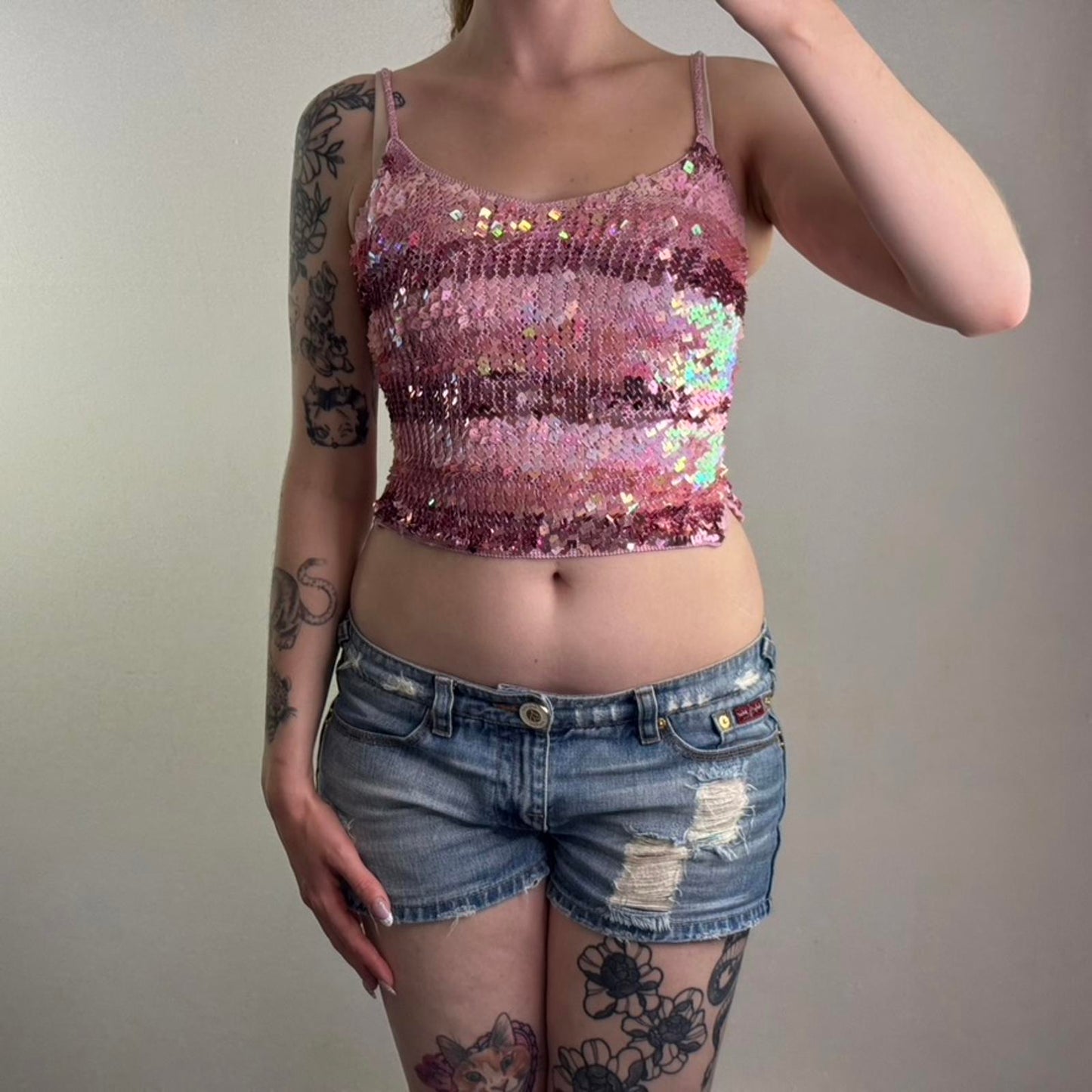Y2K vintage New Look sequin stripe crop top strappy party festival shimmer