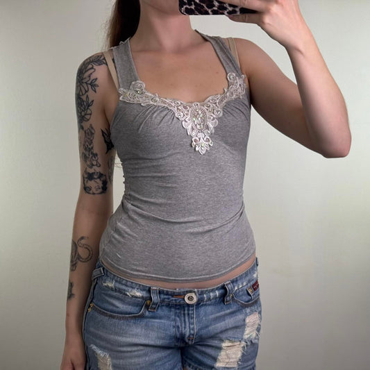 Vintage Jane Norman tank top lace trim sequin embellished ruched bust racer back