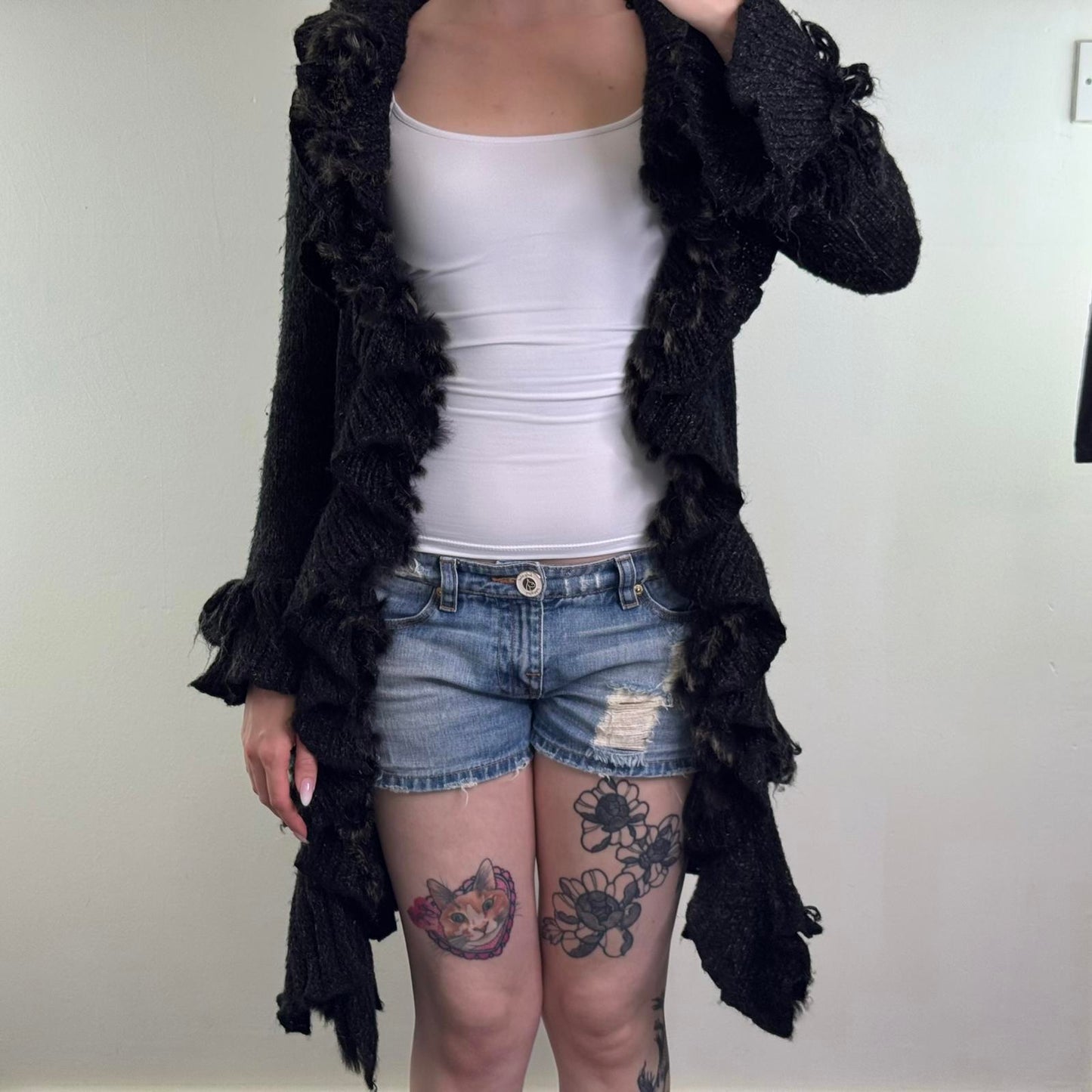 Y2K vintage wool mohair blend cardigan genuine fur ruffle trim long length