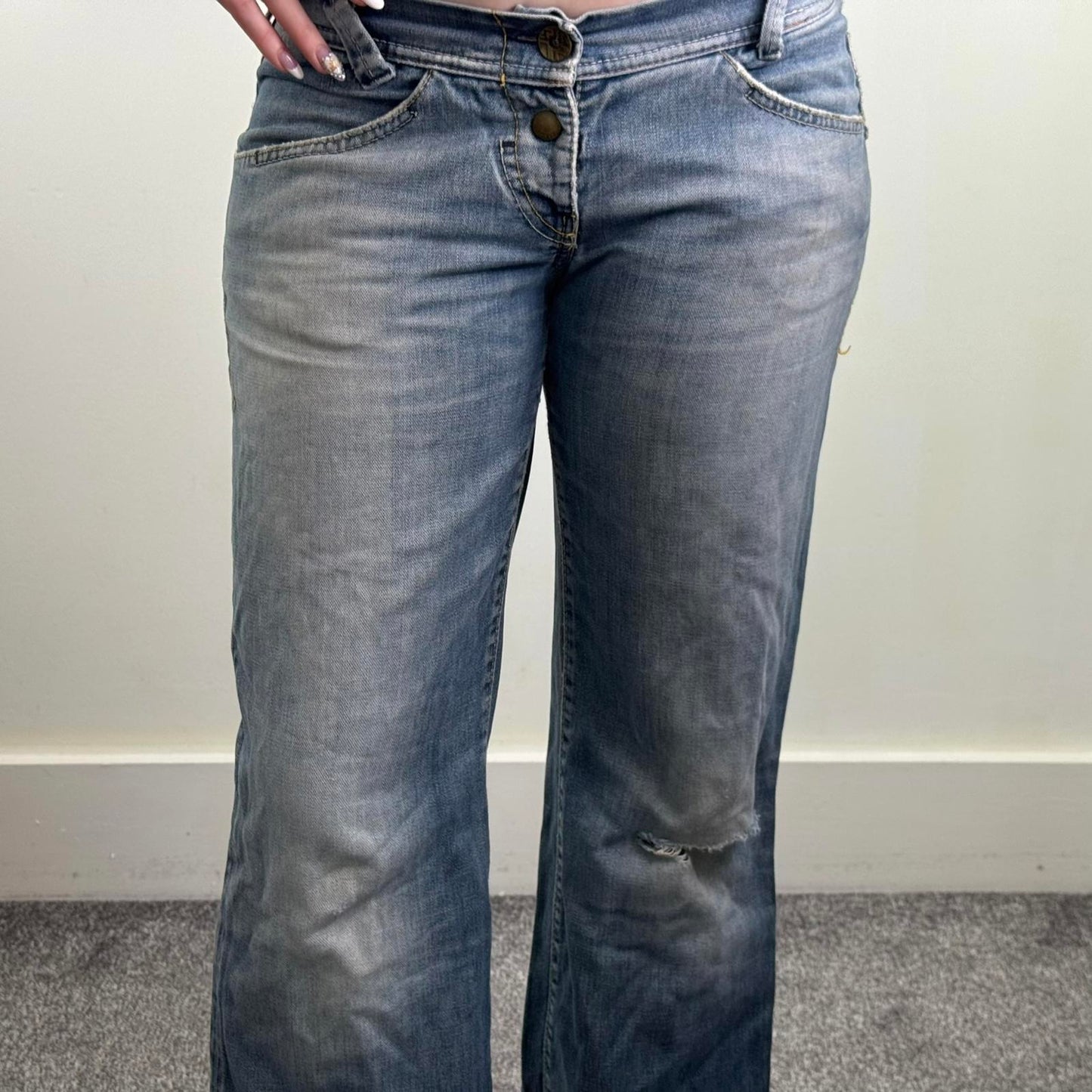 Y2K vintage Miss Sixty low rise jeans wide flare leg baggy distressed dirty wash