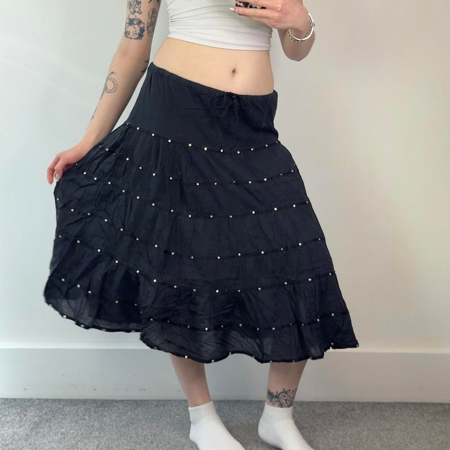 Y2K vintage tiered boho sequin a line floaty midi skirt boho festival cotton